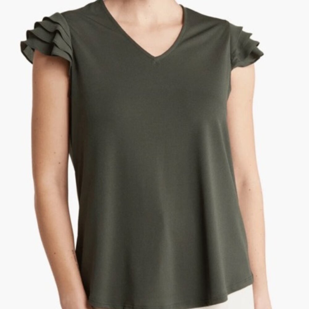 Adrianna Papell Flutter Sleeve Crinkled Satin Blouse - XS Olive Green